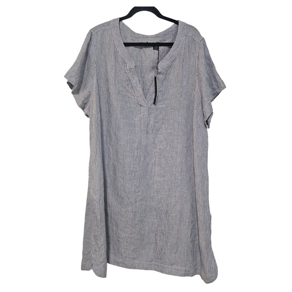 Tahari Dresses & Skirts - Tahari 3X Linen Shift Dress Blue White Pinstripe Split Neck Coastal Casual NWT